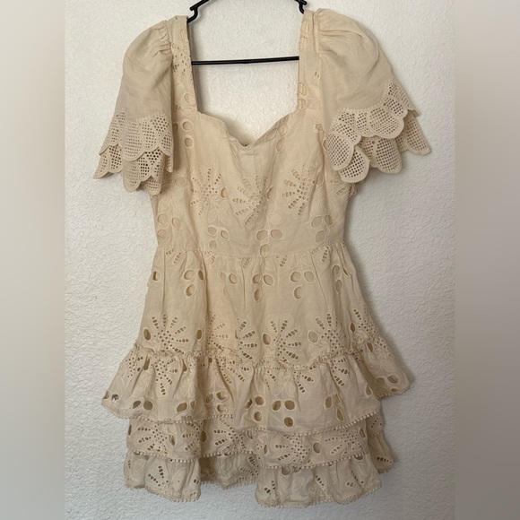 Showpo Just Me Back to the Island Cream Lace Tiered Skirt Mini Dress- Medium - Picture 5 of 15
